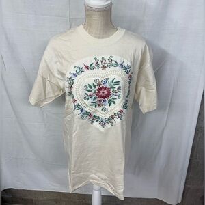 Handmade Cream Floral Embroidered Heart Tee - Women's Casual Shirt